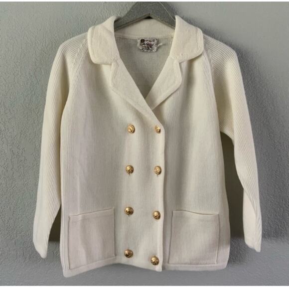 Ribbed sweater Blazer Jacket Womens XXL Cream Double Breasted Gold Buttons NWOT - Picture 8 of 9